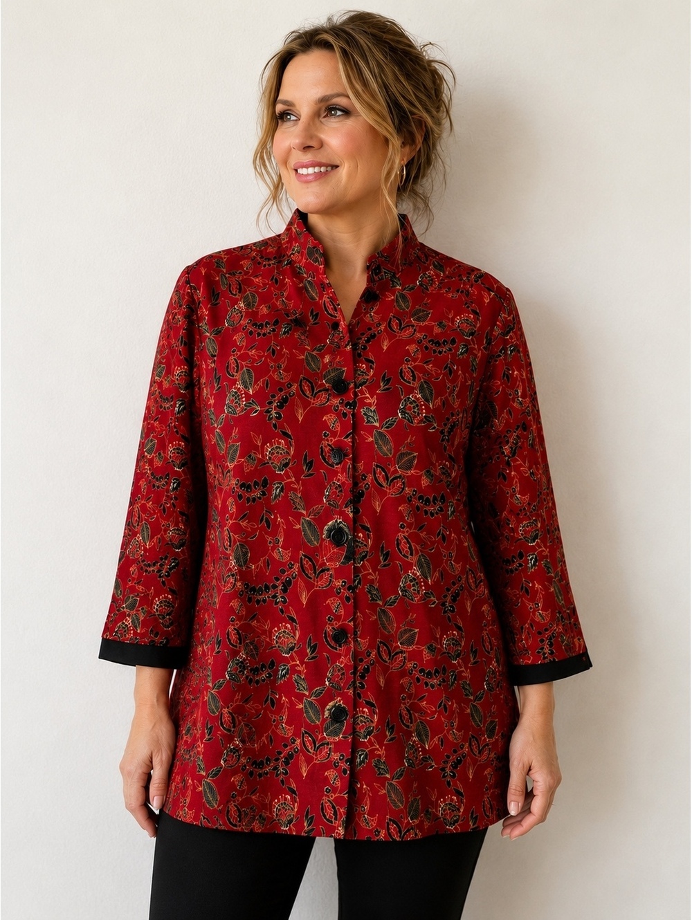 Red Floral Fall Tunic Dress Jacket Petite XL 3/4 Sleeve Button Front Lightweight